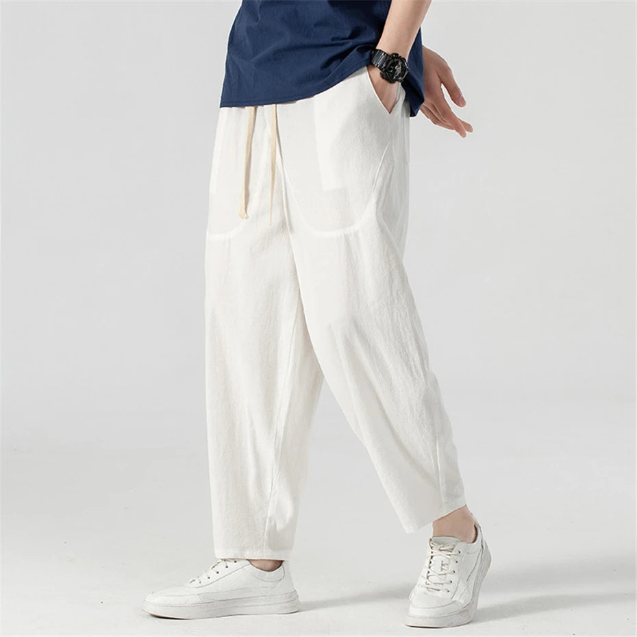 Pantalones holgados de lino para hombre, ropa hasta el tobillo, parte inferior de Color sólido, 9XL talla grande, Verano