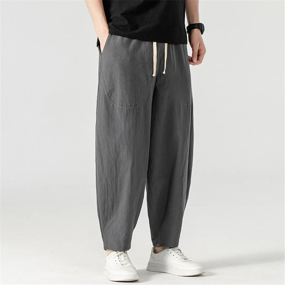 Pantalones holgados de lino para hombre, ropa hasta el tobillo, parte inferior de Color sólido, 9XL talla grande, Verano