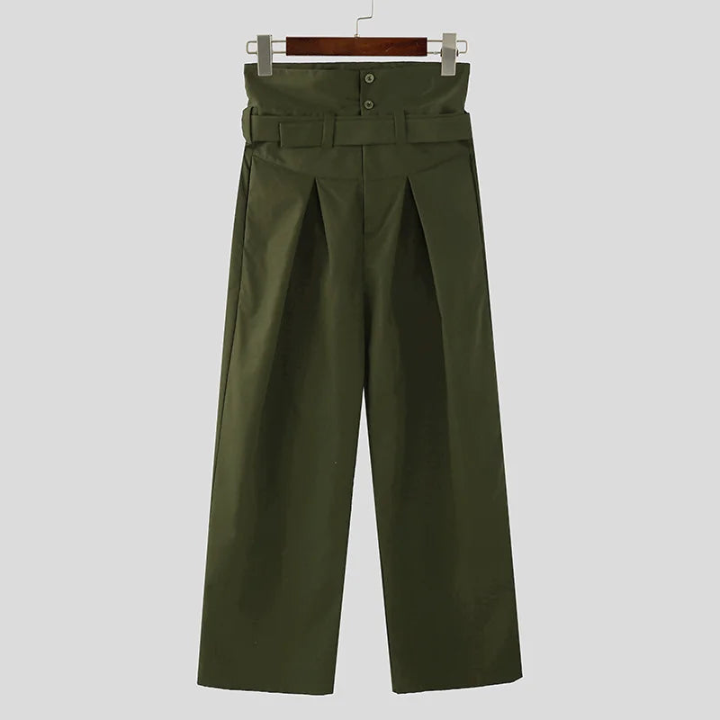 INCERUN 2025, pantalones de estilo americano, pantalones largos de cintura alta con estilo deconstrucción para hombre, pantalones casuales de pierna ancha sueltos sólidos