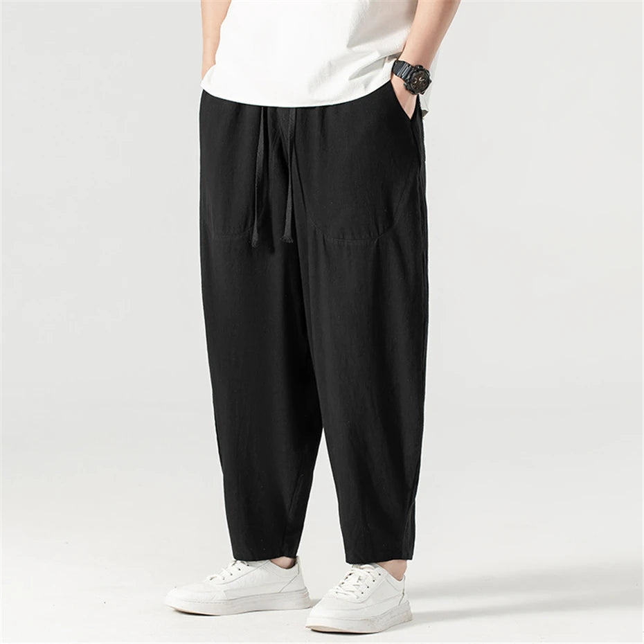 Pantalones holgados de lino para hombre, ropa hasta el tobillo, parte inferior de Color sólido, 9XL talla grande, Verano