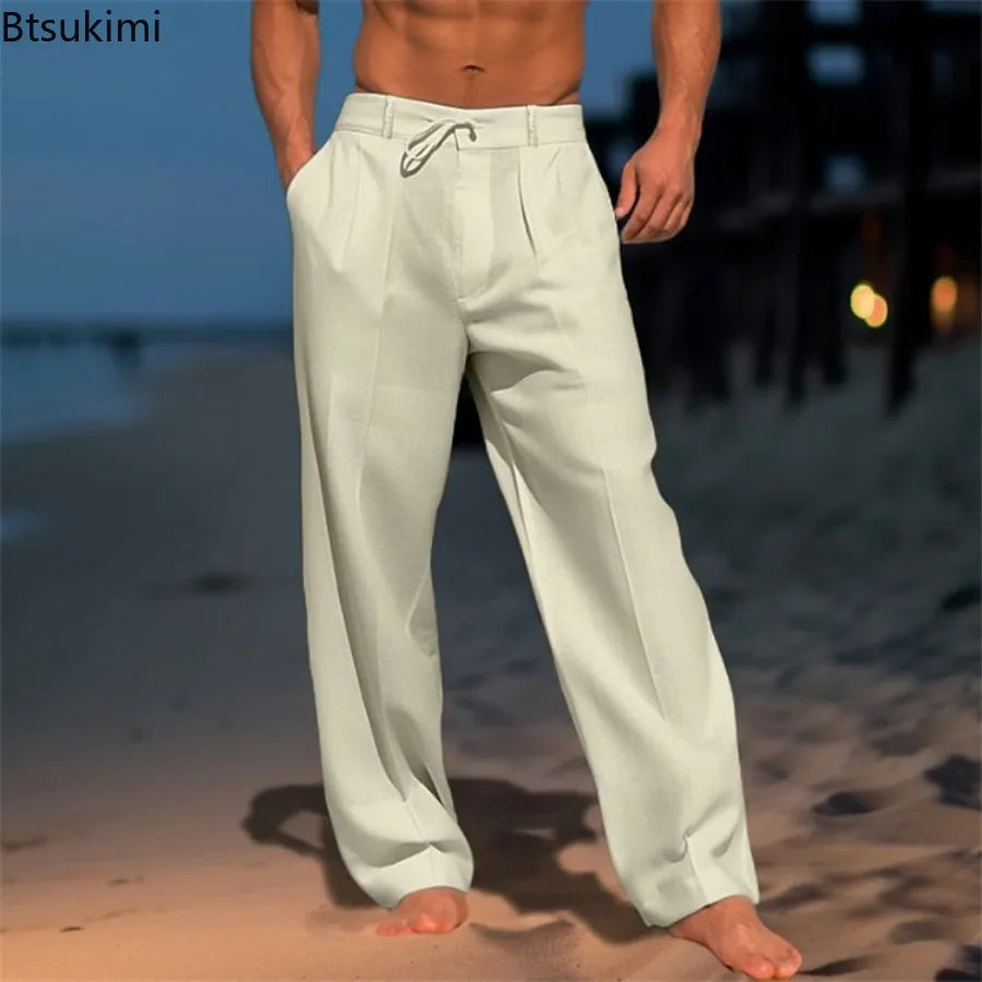 2025 Men's Cotton Linen Casual Pants Loose Drawstring Wide Leg Pants Breathable Leisure Holiday Beach Trousers Male Sweatpants