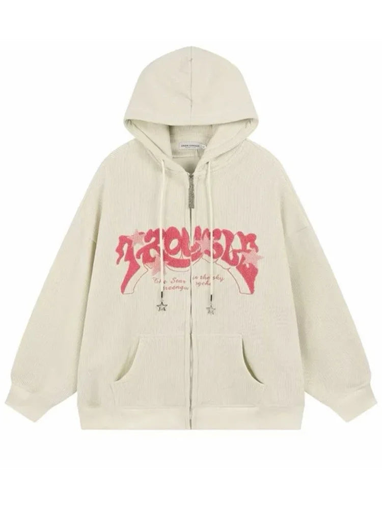 Sudaderas con capucha góticas de pana con cremallera para hombre, chaqueta con estampado de espuma a la moda de Hip Hop, ropa de calle Vintage Y2K, sudaderas con capucha de otoño