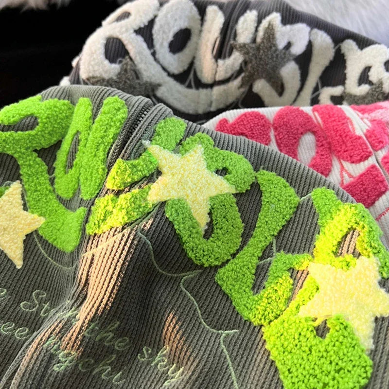 Sudaderas con capucha góticas de pana con cremallera para hombre, chaqueta con estampado de espuma a la moda de Hip Hop, ropa de calle Vintage Y2K, sudaderas con capucha de otoño