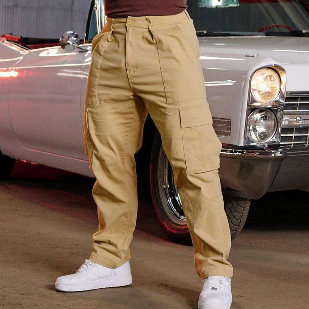 Men Khaki Wide Leg Pants Summer Male Button Pocket Loose Straight Cargo Full Trousers LXDZ-LCC-CK51
