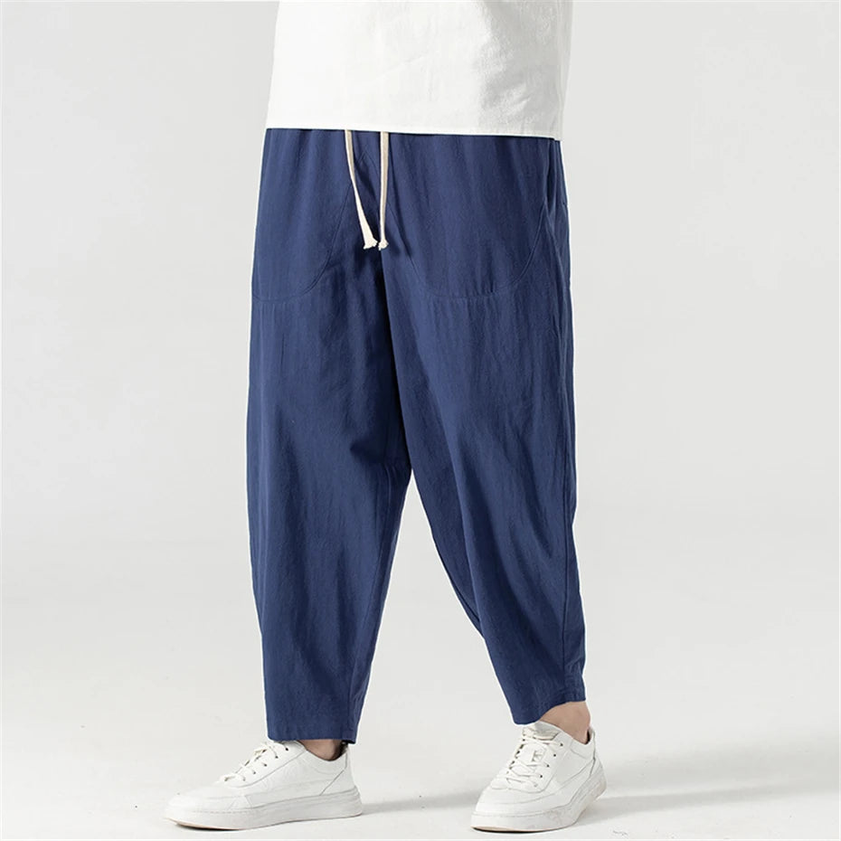 Pantalones holgados de lino para hombre, ropa hasta el tobillo, parte inferior de Color sólido, 9XL talla grande, Verano