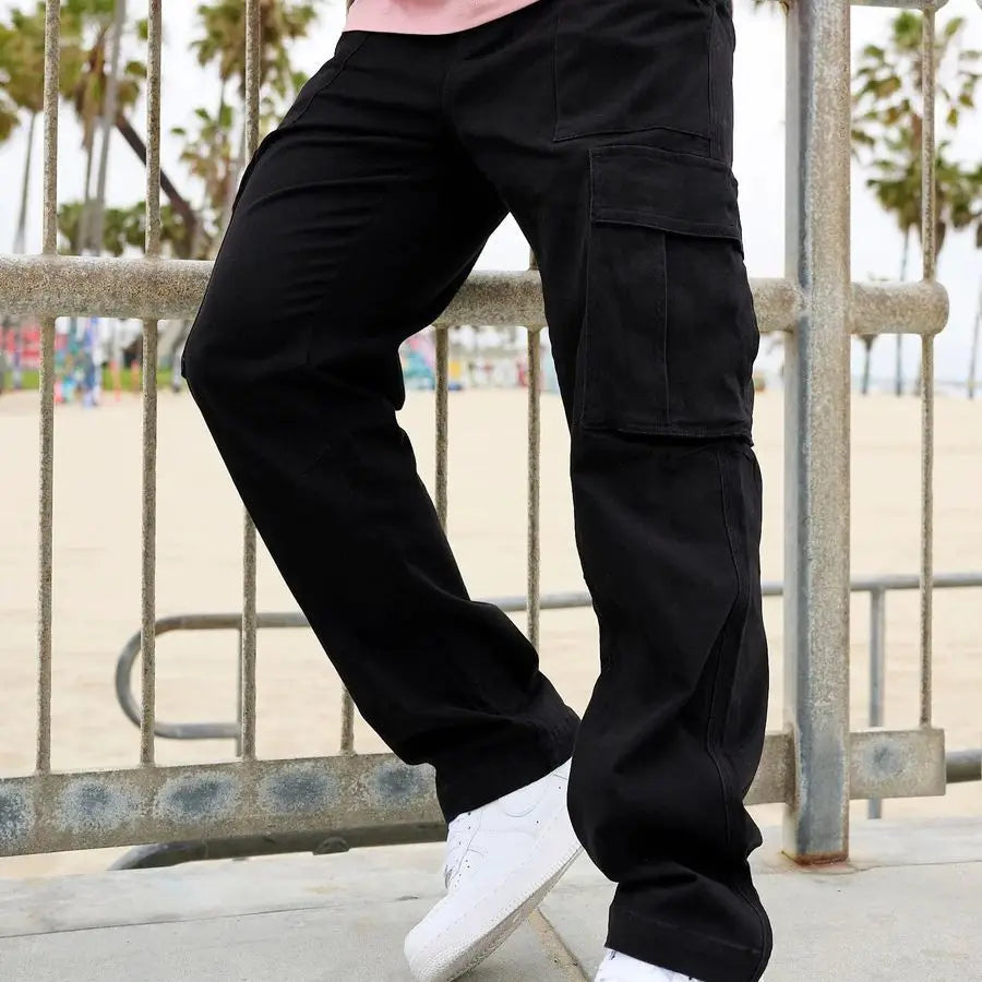 Men Khaki Wide Leg Pants Summer Male Button Pocket Loose Straight Cargo Full Trousers LXDZ-LCC-CK51