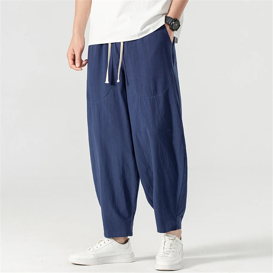 Pantalones holgados de lino para hombre, ropa hasta el tobillo, parte inferior de Color sólido, 9XL talla grande, Verano