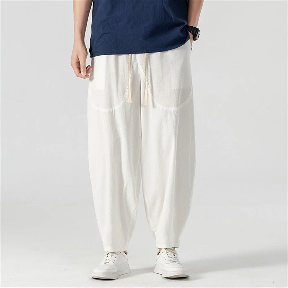 Pantalones holgados de lino para hombre, ropa hasta el tobillo, parte inferior de Color sólido, 9XL talla grande, Verano