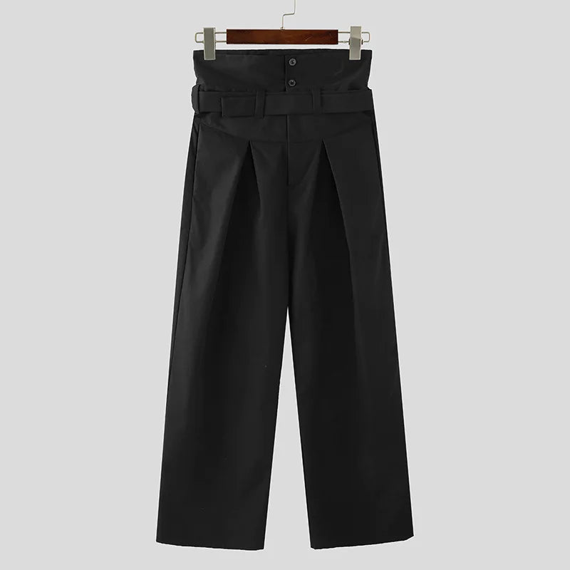 INCERUN 2025, pantalones de estilo americano, pantalones largos de cintura alta con estilo deconstrucción para hombre, pantalones casuales de pierna ancha sueltos sólidos