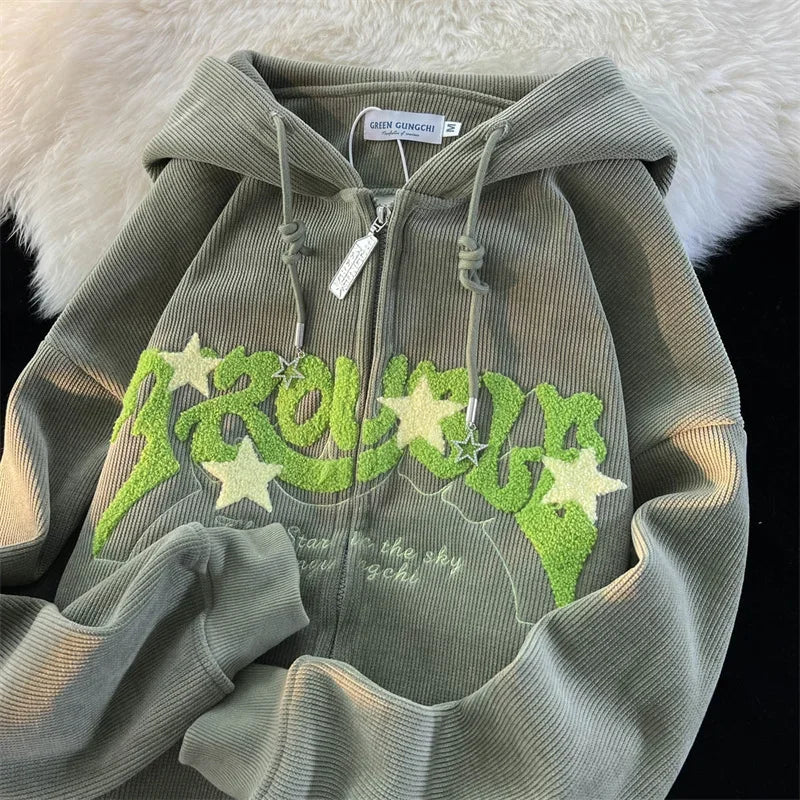Sudaderas con capucha góticas de pana con cremallera para hombre, chaqueta con estampado de espuma a la moda de Hip Hop, ropa de calle Vintage Y2K, sudaderas con capucha de otoño