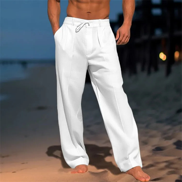 2025 Men's Cotton Linen Casual Pants Loose Drawstring Wide Leg Pants Breathable Leisure Holiday Beach Trousers Male Sweatpants