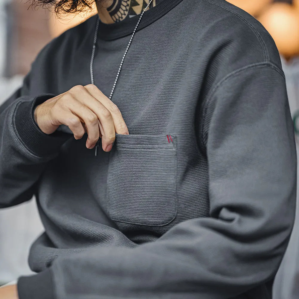 Maden Casual Waffle Knit Pocket Hoodie Men's Spring Loose Fit Long Sleeve Pullover Round Neck Sweatshirt Comfortable T-Shirt