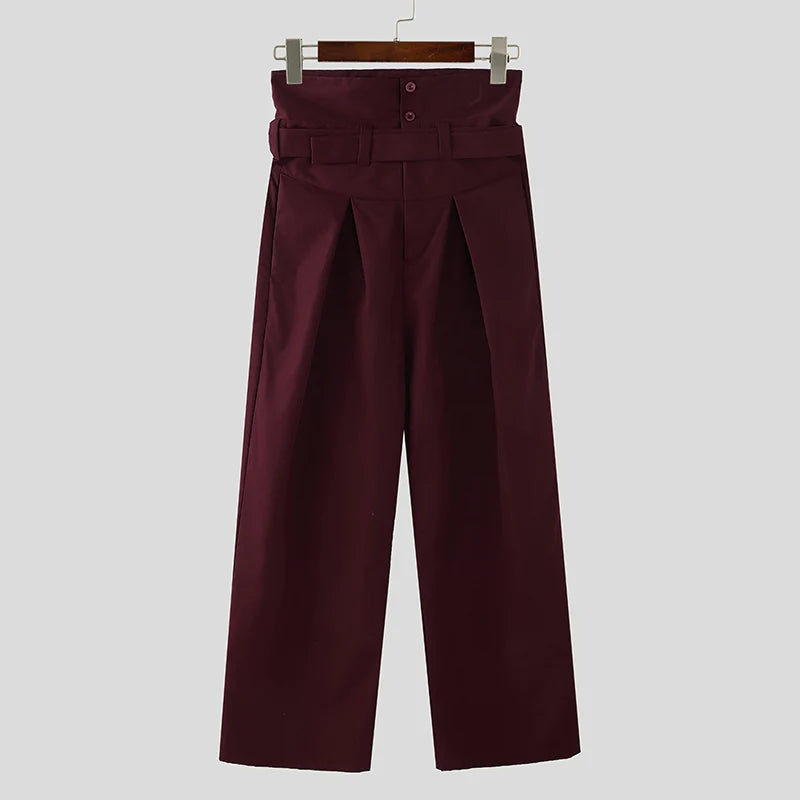 INCERUN 2025, pantalones de estilo americano, pantalones largos de cintura alta con estilo deconstrucción para hombre, pantalones casuales de pierna ancha sueltos sólidos