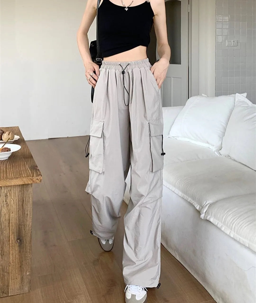 2024 Summer New Quick Drying Work Pants Men's American Parachute Pants High Waist Wide Leg Casual Sports Long Pants