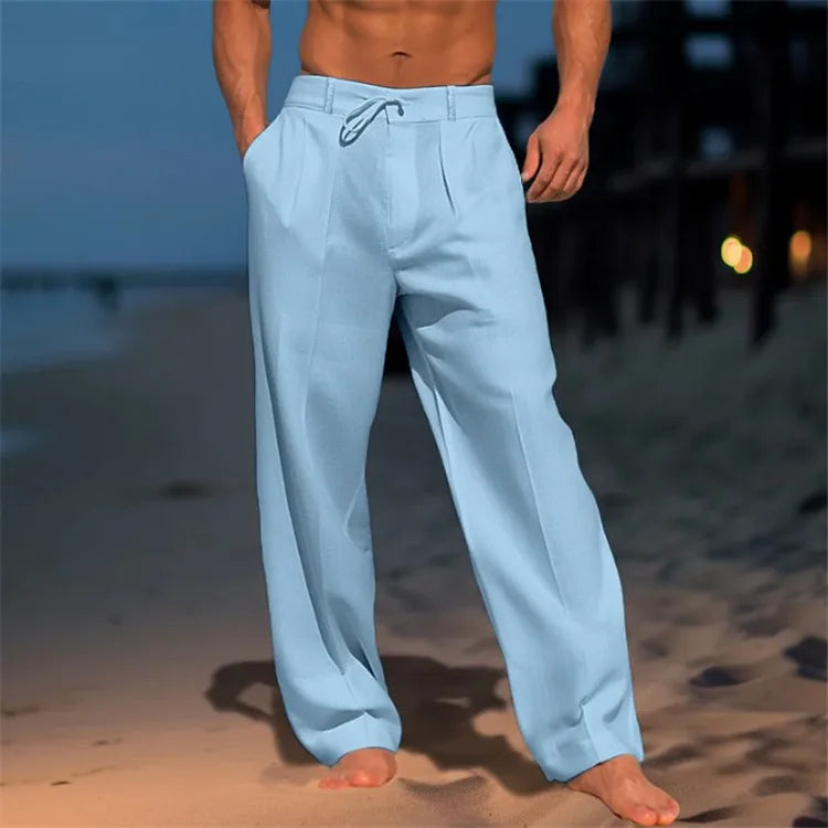 2025 Men's Cotton Linen Casual Pants Loose Drawstring Wide Leg Pants Breathable Leisure Holiday Beach Trousers Male Sweatpants