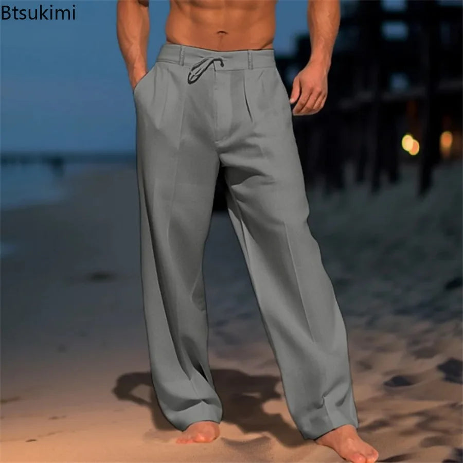 2025 Men's Cotton Linen Casual Pants Loose Drawstring Wide Leg Pants Breathable Leisure Holiday Beach Trousers Male Sweatpants