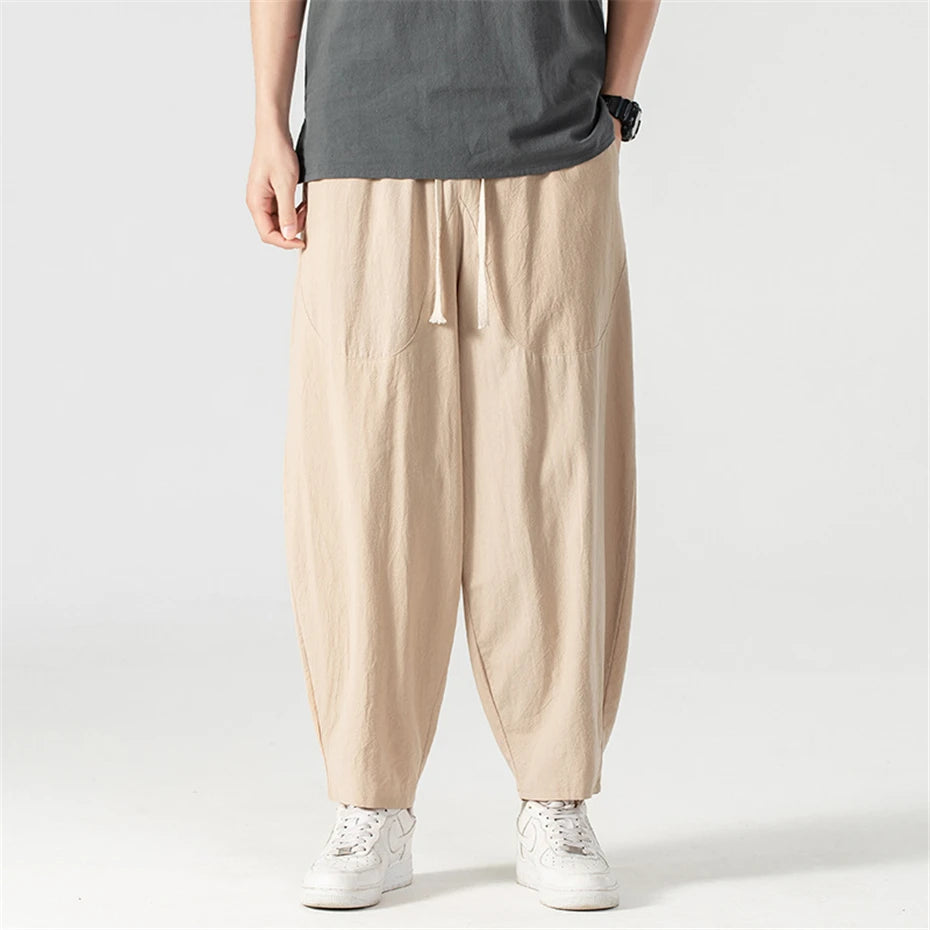 Pantalones holgados de lino para hombre, ropa hasta el tobillo, parte inferior de Color sólido, 9XL talla grande, Verano