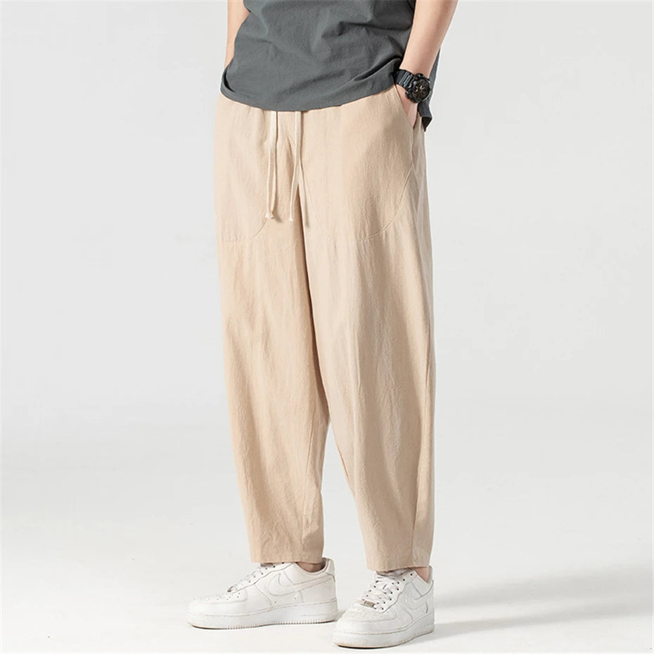 Pantalones holgados de lino para hombre, ropa hasta el tobillo, parte inferior de Color sólido, 9XL talla grande, Verano