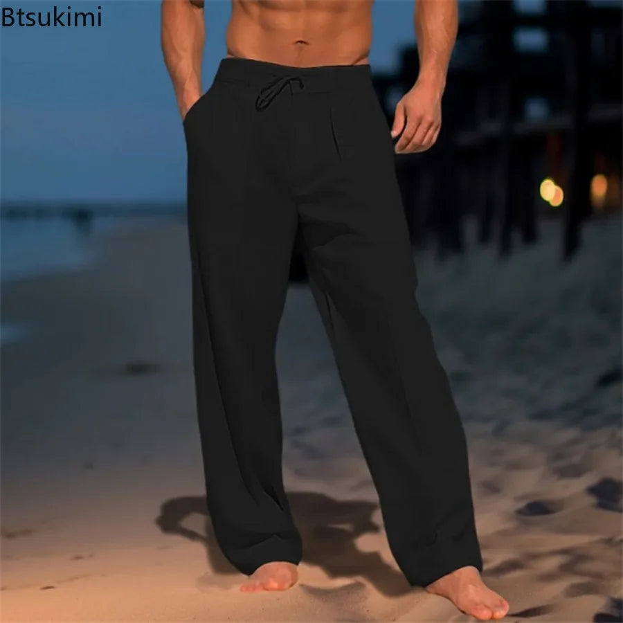 2025 Men's Cotton Linen Casual Pants Loose Drawstring Wide Leg Pants Breathable Leisure Holiday Beach Trousers Male Sweatpants