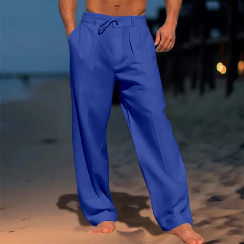 2025 Men's Cotton Linen Casual Pants Loose Drawstring Wide Leg Pants Breathable Leisure Holiday Beach Trousers Male Sweatpants