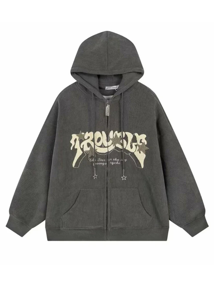 Sudaderas con capucha góticas de pana con cremallera para hombre, chaqueta con estampado de espuma a la moda de Hip Hop, ropa de calle Vintage Y2K, sudaderas con capucha de otoño