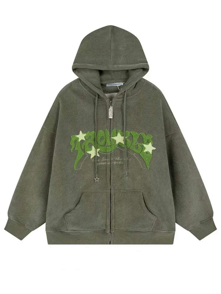 Sudaderas con capucha góticas de pana con cremallera para hombre, chaqueta con estampado de espuma a la moda de Hip Hop, ropa de calle Vintage Y2K, sudaderas con capucha de otoño