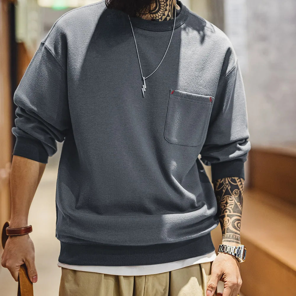 Maden Casual Waffle Knit Pocket Hoodie Men's Spring Loose Fit Long Sleeve Pullover Round Neck Sweatshirt Comfortable T-Shirt
