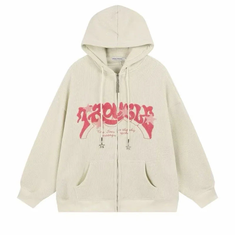 Sudaderas con capucha góticas de pana con cremallera para hombre, chaqueta con estampado de espuma a la moda de Hip Hop, ropa de calle Vintage Y2K, sudaderas con capucha de otoño
