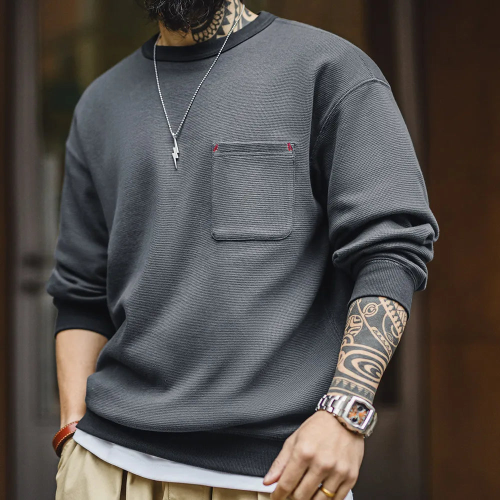 Maden Casual Waffle Knit Pocket Hoodie Men's Spring Loose Fit Long Sleeve Pullover Round Neck Sweatshirt Comfortable T-Shirt