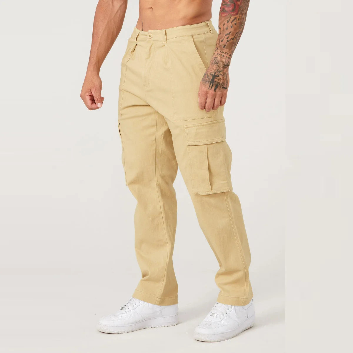 Men Khaki Wide Leg Pants Summer Male Button Pocket Loose Straight Cargo Full Trousers LXDZ-LCC-CK51