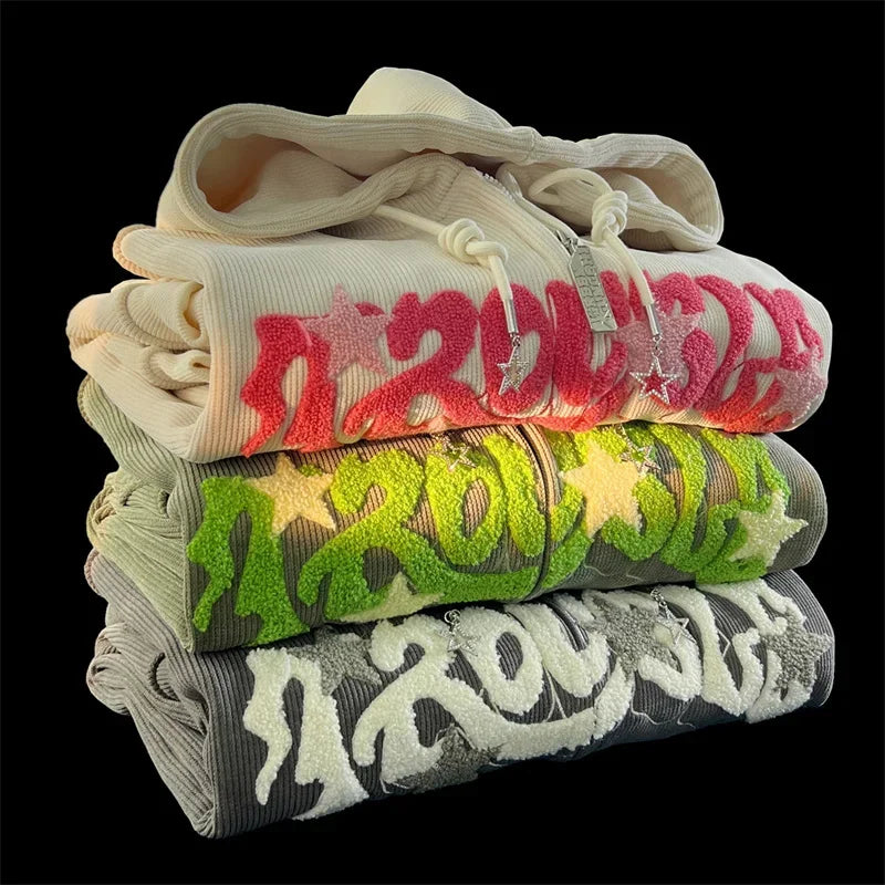 Sudaderas con capucha góticas de pana con cremallera para hombre, chaqueta con estampado de espuma a la moda de Hip Hop, ropa de calle Vintage Y2K, sudaderas con capucha de otoño