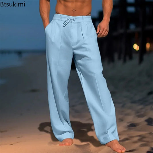 2025 Men's Cotton Linen Casual Pants Loose Drawstring Wide Leg Pants Breathable Leisure Holiday Beach Trousers Male Sweatpants