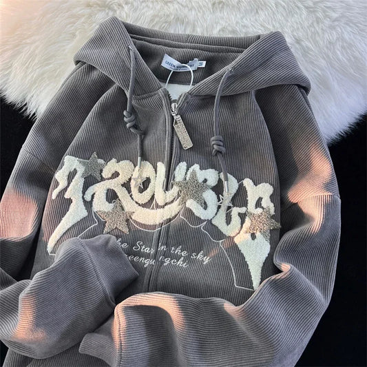 Sudaderas con capucha góticas de pana con cremallera para hombre, chaqueta con estampado de espuma a la moda de Hip Hop, ropa de calle Vintage Y2K, sudaderas con capucha de otoño