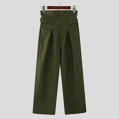 INCERUN 2025, pantalones de estilo americano, pantalones largos de cintura alta con estilo deconstrucción para hombre, pantalones casuales de pierna ancha sueltos sólidos