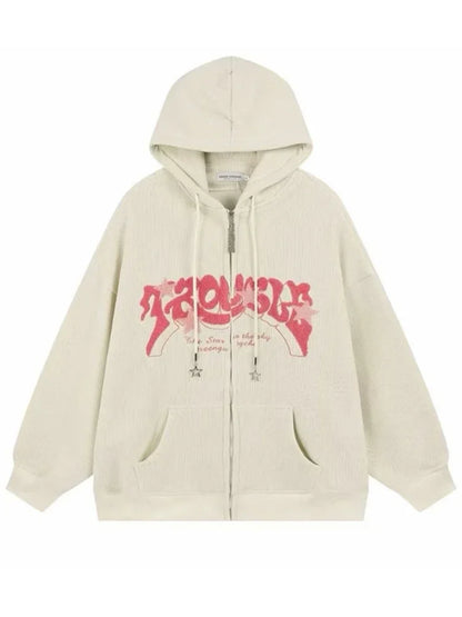 Sudaderas con capucha góticas de pana con cremallera para hombre, chaqueta con estampado de espuma a la moda de Hip Hop, ropa de calle Vintage Y2K, sudaderas con capucha de otoño
