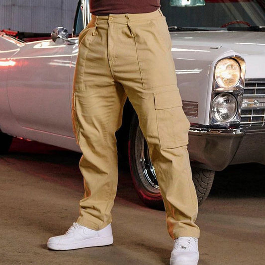 Men Khaki Wide Leg Pants Summer Male Button Pocket Loose Straight Cargo Full Trousers LXDZ-LCC-CK51