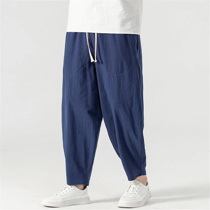 Pantalones holgados de lino para hombre, ropa hasta el tobillo, parte inferior de Color sólido, 9XL talla grande, Verano