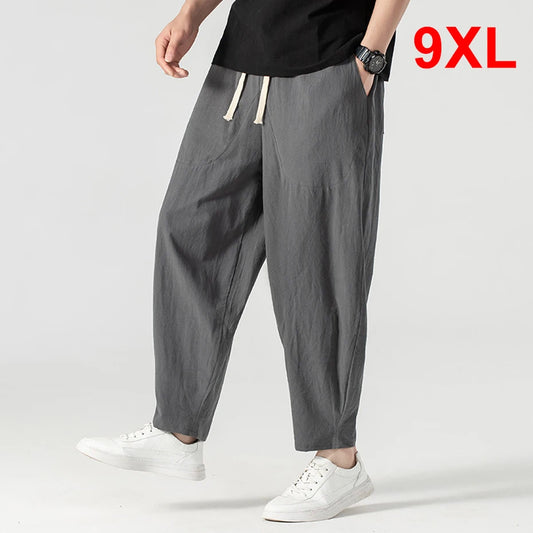 Pantalones holgados de lino para hombre, ropa hasta el tobillo, parte inferior de Color sólido, 9XL talla grande, Verano