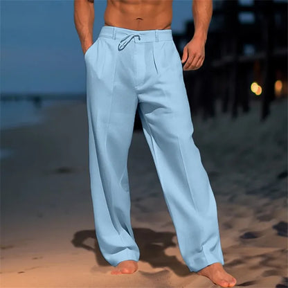2025 Men's Cotton Linen Casual Pants Loose Drawstring Wide Leg Pants Breathable Leisure Holiday Beach Trousers Male Sweatpants