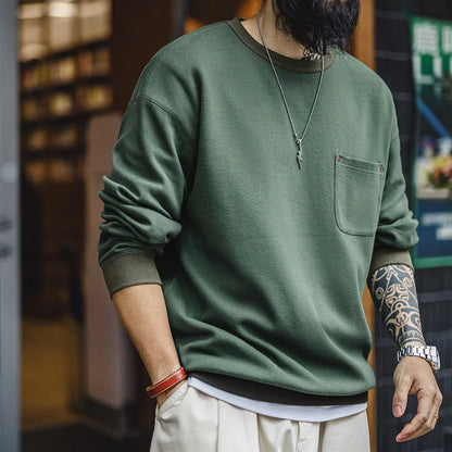 Maden Casual Waffle Knit Pocket Hoodie Men's Spring Loose Fit Long Sleeve Pullover Round Neck Sweatshirt Comfortable T-Shirt