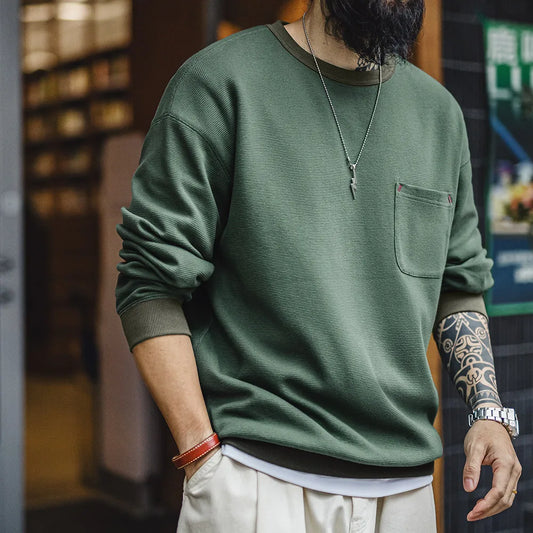 Maden Casual Waffle Knit Pocket Hoodie Men's Spring Loose Fit Long Sleeve Pullover Round Neck Sweatshirt Comfortable T-Shirt