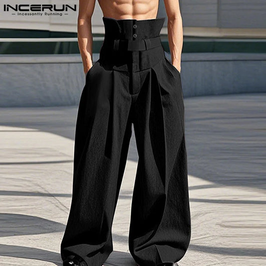 INCERUN 2025, pantalones de estilo americano, pantalones largos de cintura alta con estilo deconstrucción para hombre, pantalones casuales de pierna ancha sueltos sólidos