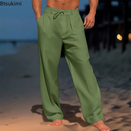 2025 Men's Cotton Linen Casual Pants Loose Drawstring Wide Leg Pants Breathable Leisure Holiday Beach Trousers Male Sweatpants