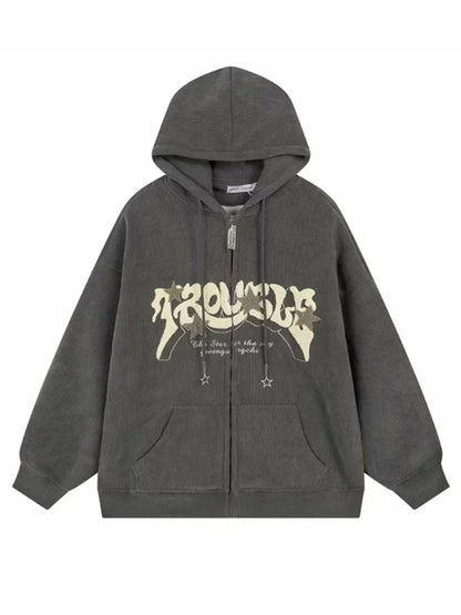 Sudaderas con capucha góticas de pana con cremallera para hombre, chaqueta con estampado de espuma a la moda de Hip Hop, ropa de calle Vintage Y2K, sudaderas con capucha de otoño