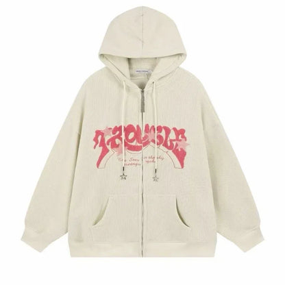 Sudaderas con capucha góticas de pana con cremallera para hombre, chaqueta con estampado de espuma a la moda de Hip Hop, ropa de calle Vintage Y2K, sudaderas con capucha de otoño